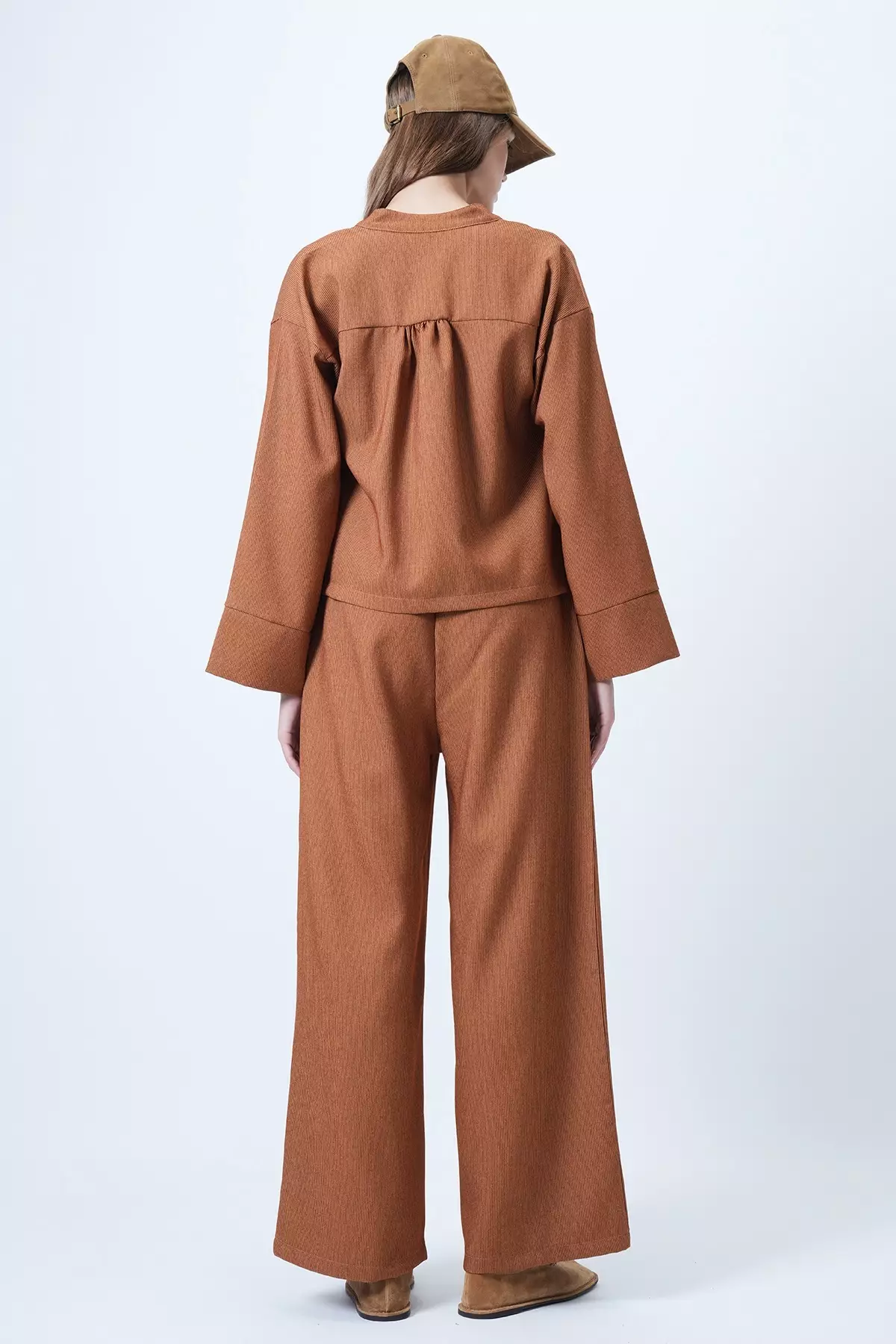 Cinnamon Brown Hakim Collar Gold Button Detailed Velvet Jacket And Palazzo Trousers Set Alc-X14633