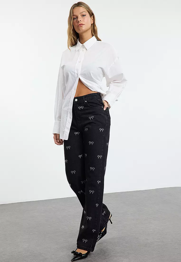 Black Bow/Ribbon Detailed Stoned High Waist Wide Leg Jeans