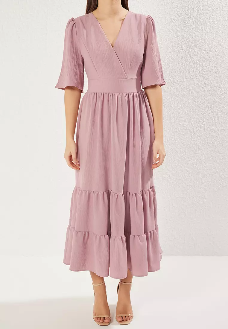 Pink Skirt Waist Opening V Neck Belted Midi Aerobin Woven Dress