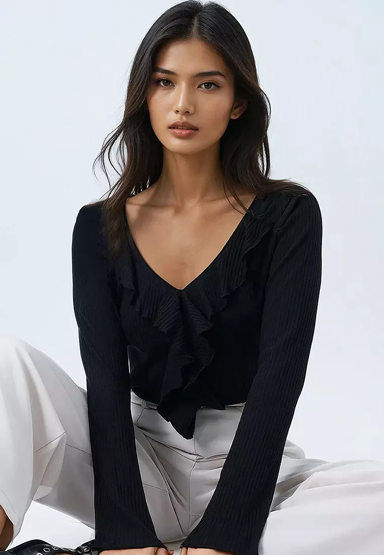 V-Neck Ruffle Front Blouse