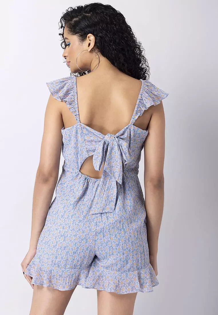 Powder Blue Floral Smocked Ruffled Playsuit