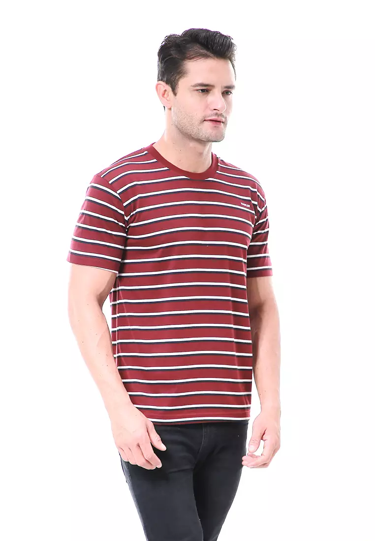 Aisley Kaos Pria Lengan Pendek Sweatshirt Kasual Stripe Motive Material Cotton ORIGINAL - Maroon