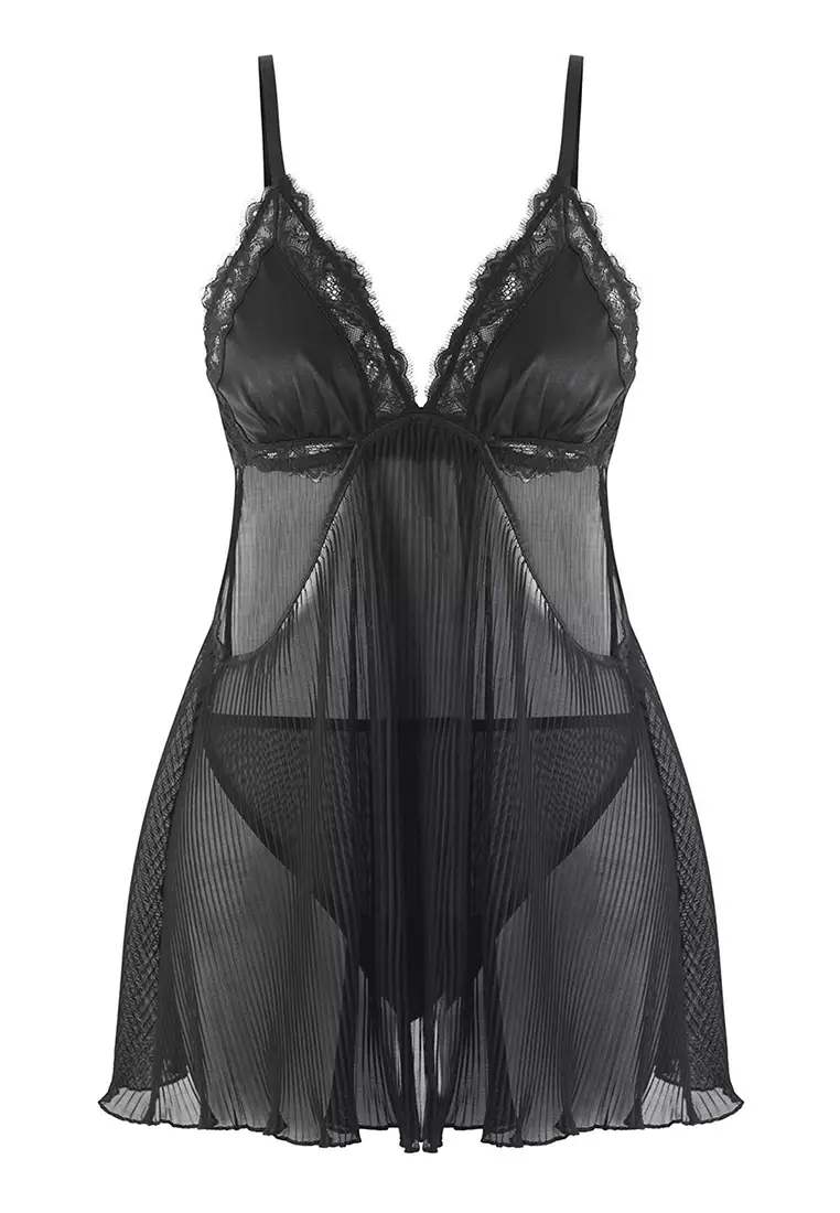 Black Tulle Pleated And Back Ribbon/Bow/Tie Panty Babydoll/Fantasy Nightgown