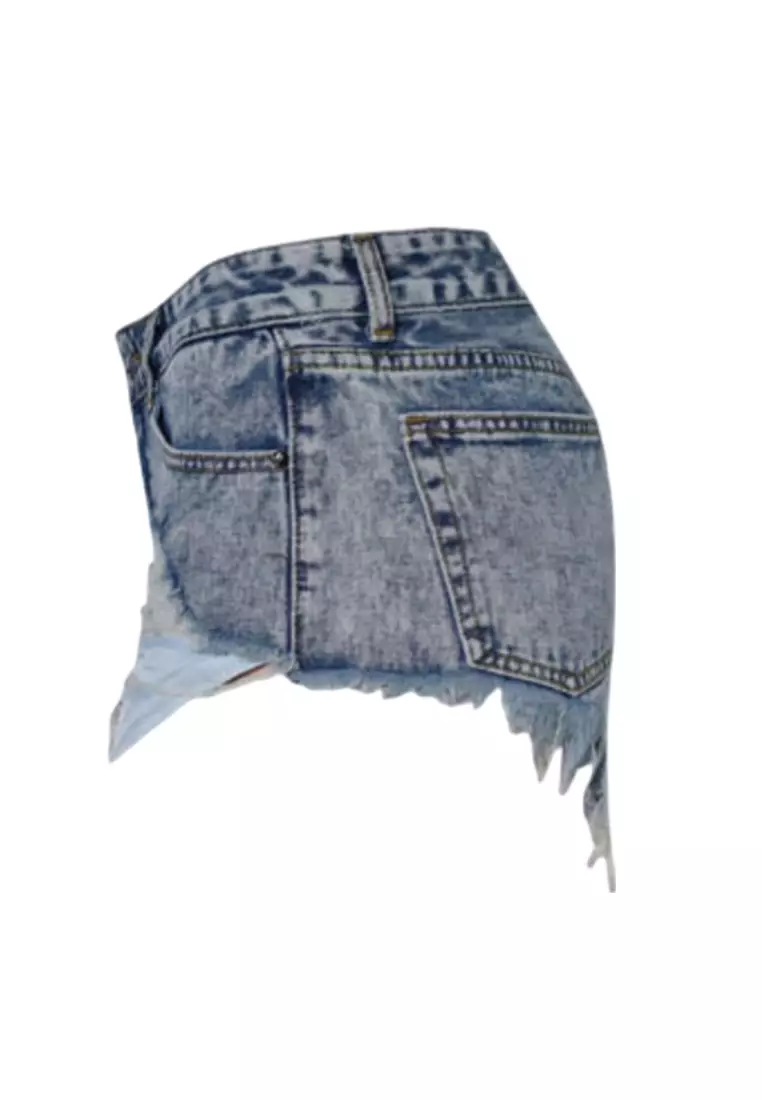 Slim High-Waisted Frayed Irregular Leaky Pockets Tassel Snowflake Nostalgic Denim Shorts