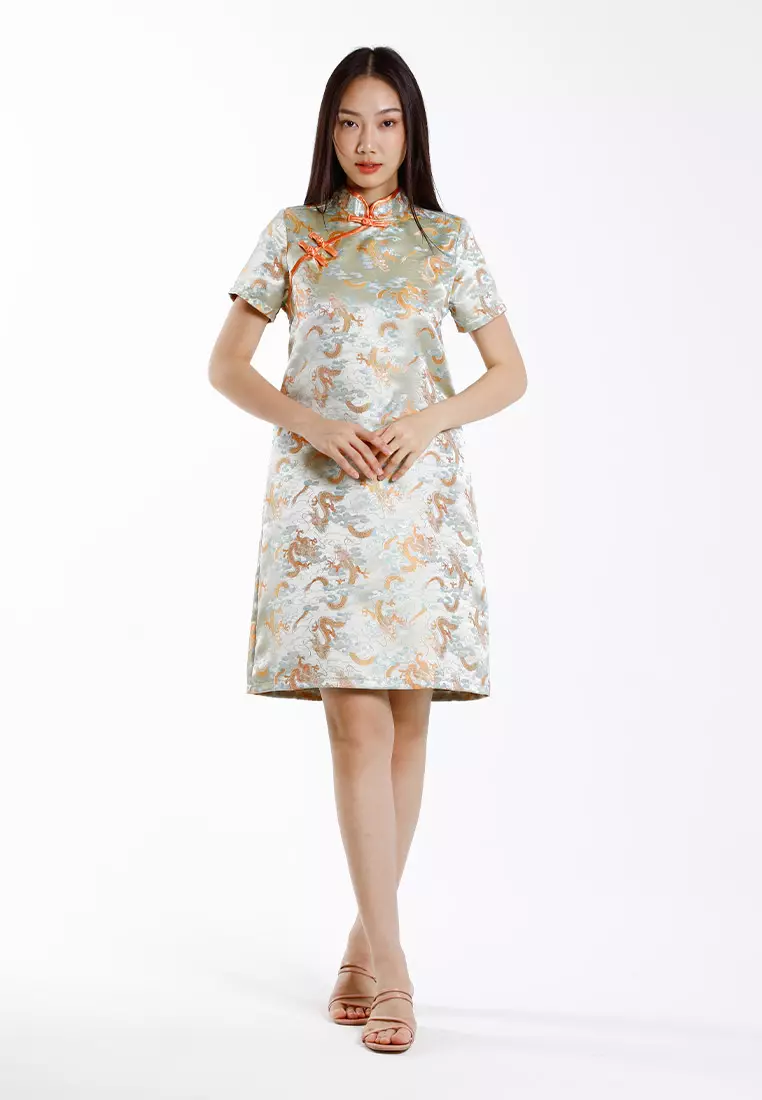 Forest Jacquard Tang Suit Cheongsam Dress | CNY 2025 Family Wear - 885091-42LtGreen