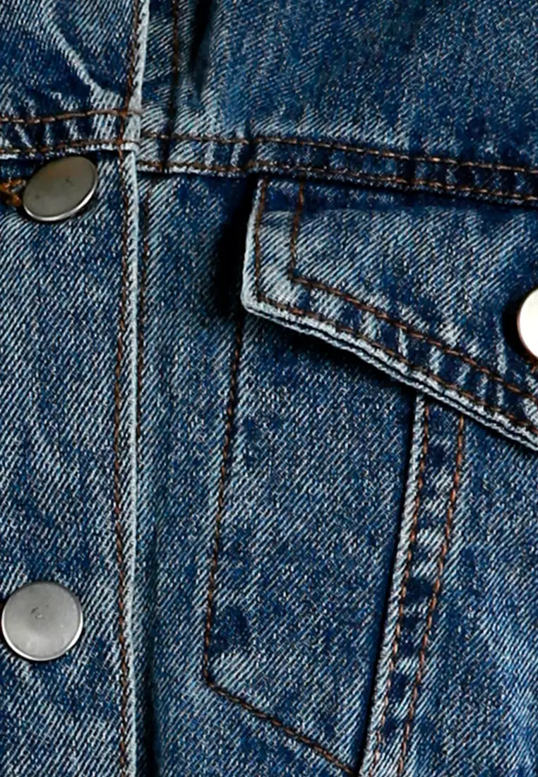Mid-Blue Drop Shoulder Sleeves Cropped Denim Vest