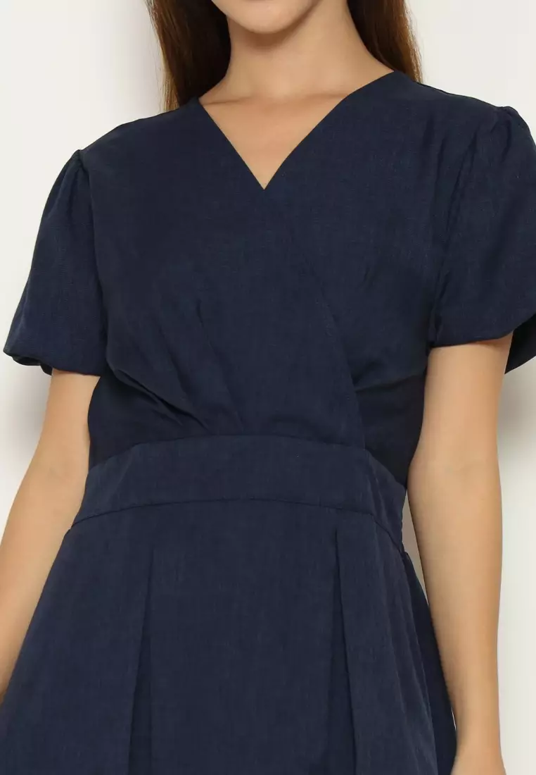 Urban Exchange Jasmine Dress Navy - Midi Dress Puff Sleeves