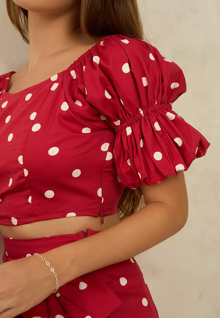 VIRGIO 100% Cotton Polka Crop Top With Puff Sleeves
