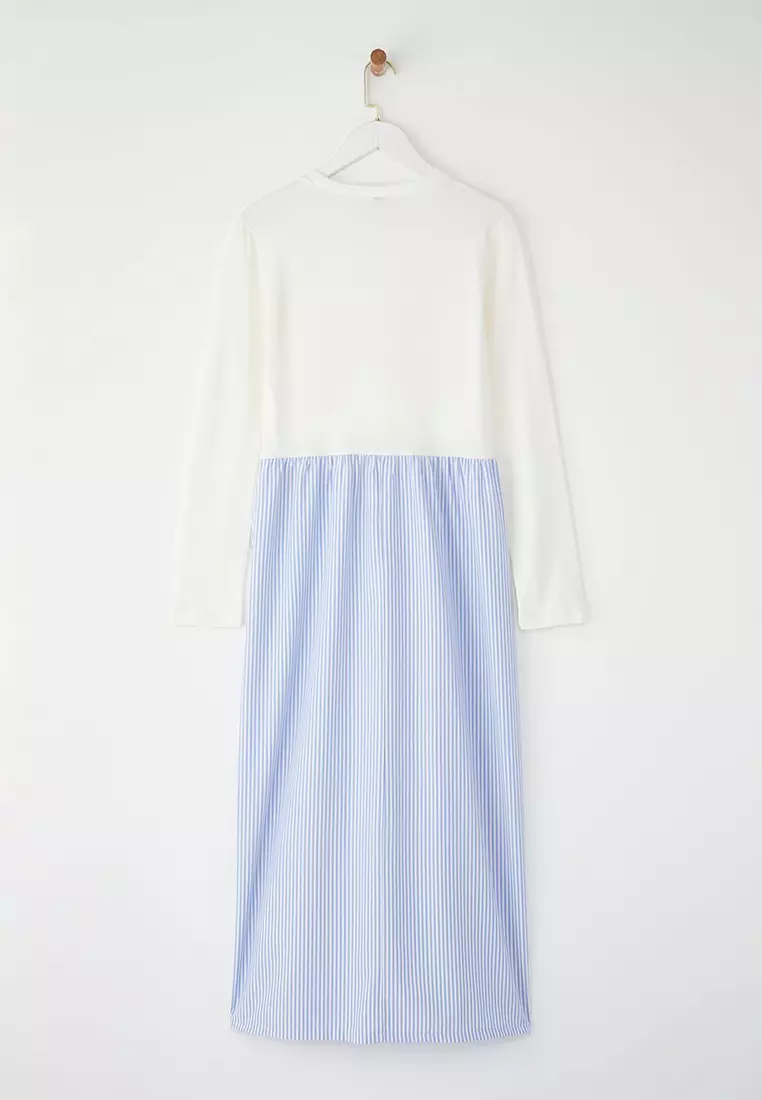 Blue Striped Woven Fabric Skirted Jersey Knit Dress Tctss25Eb00146