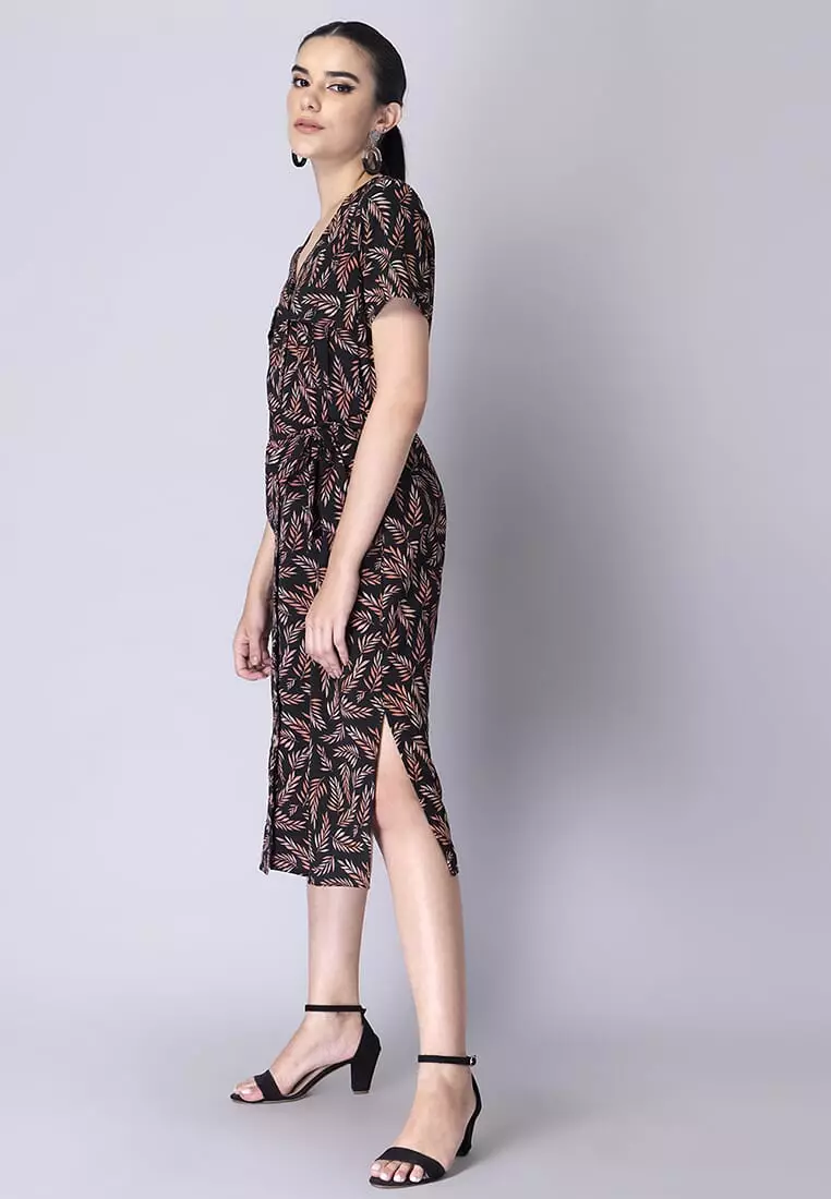 Black Tropical Button Down Belted Midi Dress