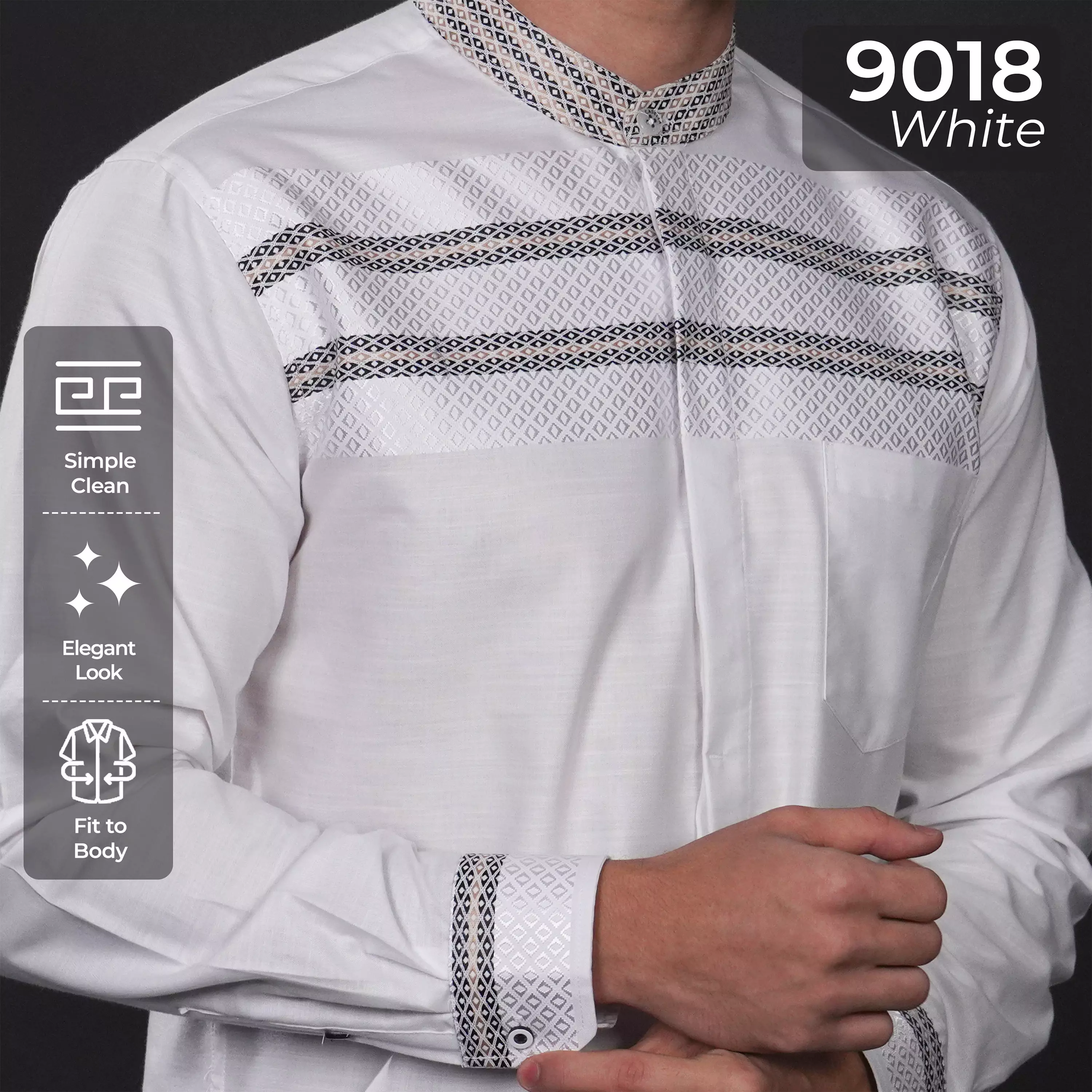Casella Baju Koko Pria Lengan Panjang Premium Horizontal White | Koko Elegant Ismail Lengan Panjang 9018 White