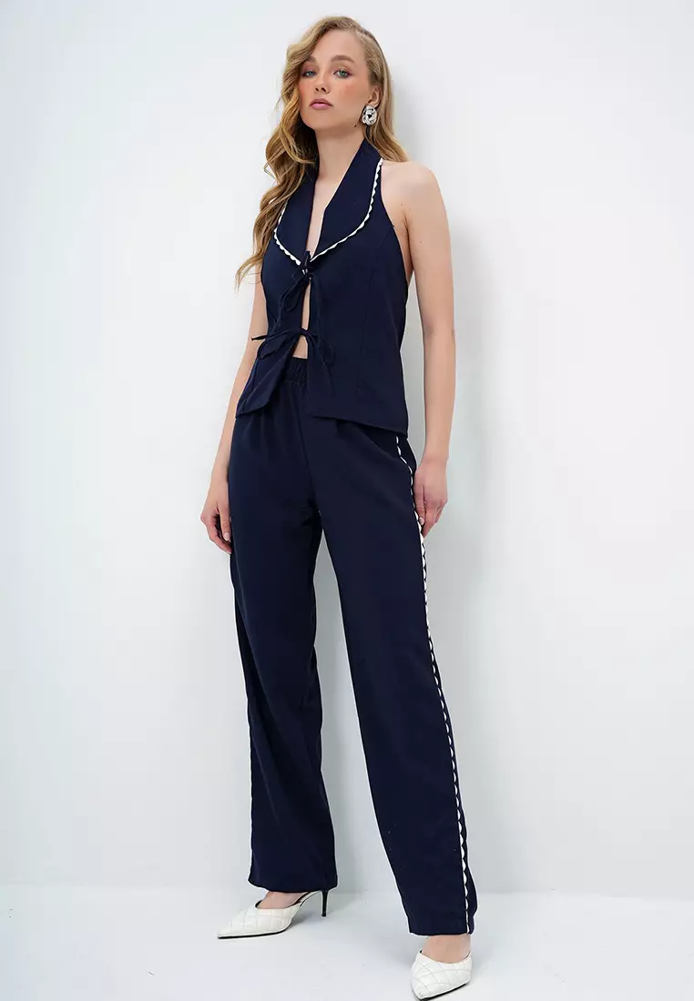 Buy Alacati Women's Navy Blue Scallop Ribbed Backless Woven Vest And ...