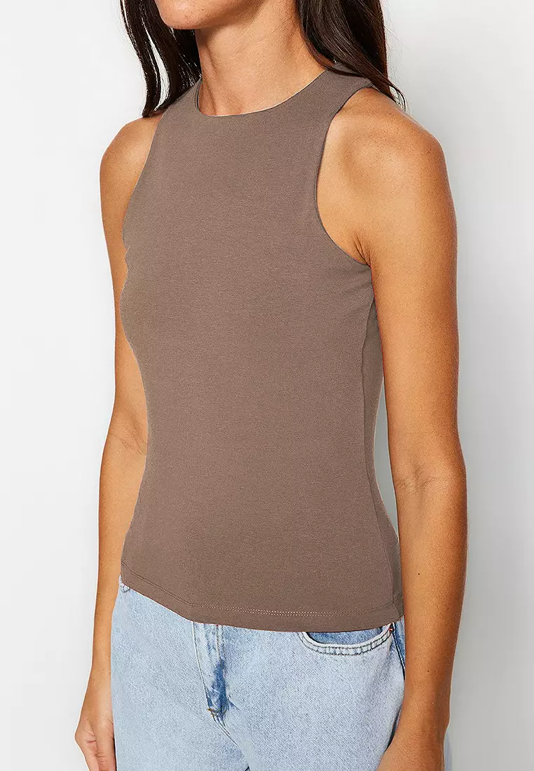 Mink Cotton Halter Neck Fitted Stretch Knitted Tank Top