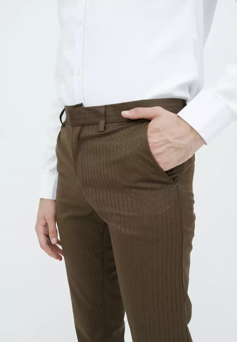 Celana panjang slimfit pria kerja formal garis halus coklat houseofcuff