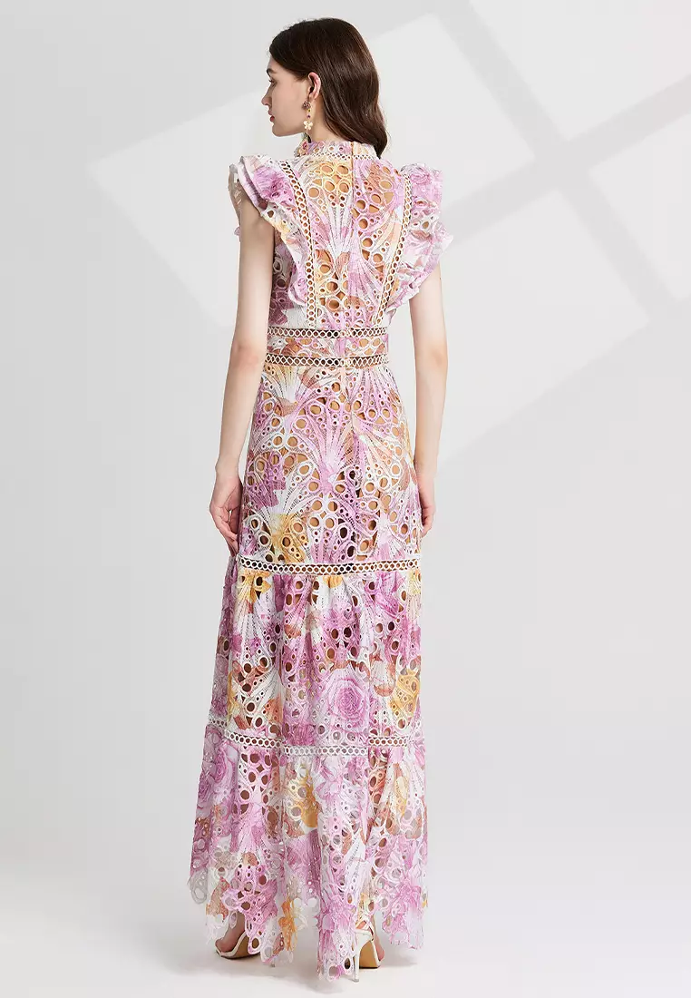 Colorful printed embroidered stand-up collar waist dress CA25070927PI