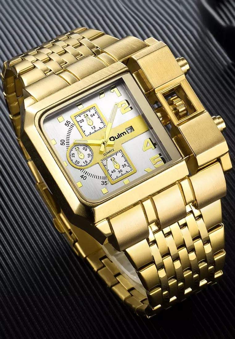 Very Large Men's Quartz Watch - 51x60mm - IP Gold Steel case, White Dial, IP Gold Bracelet