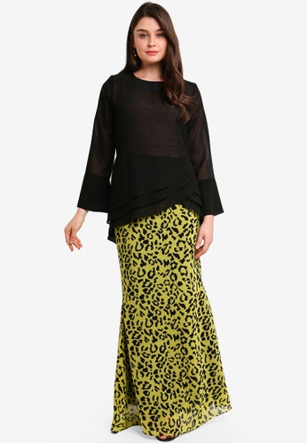 Midi Kurung Chiffon Peplum Kebaya Pleated w Layered Ruffle from Zuco Fashion in Black