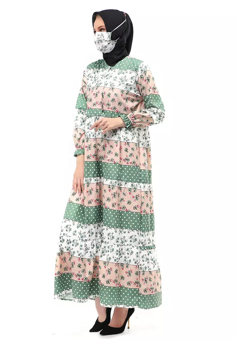 Hani Gamis Homey Long Dress Wanita Lengan Panjang Free Face Mask Regular Fit - 13 Hijau