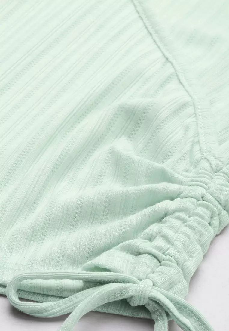 Green Solid Rib Knit Wrap Top
