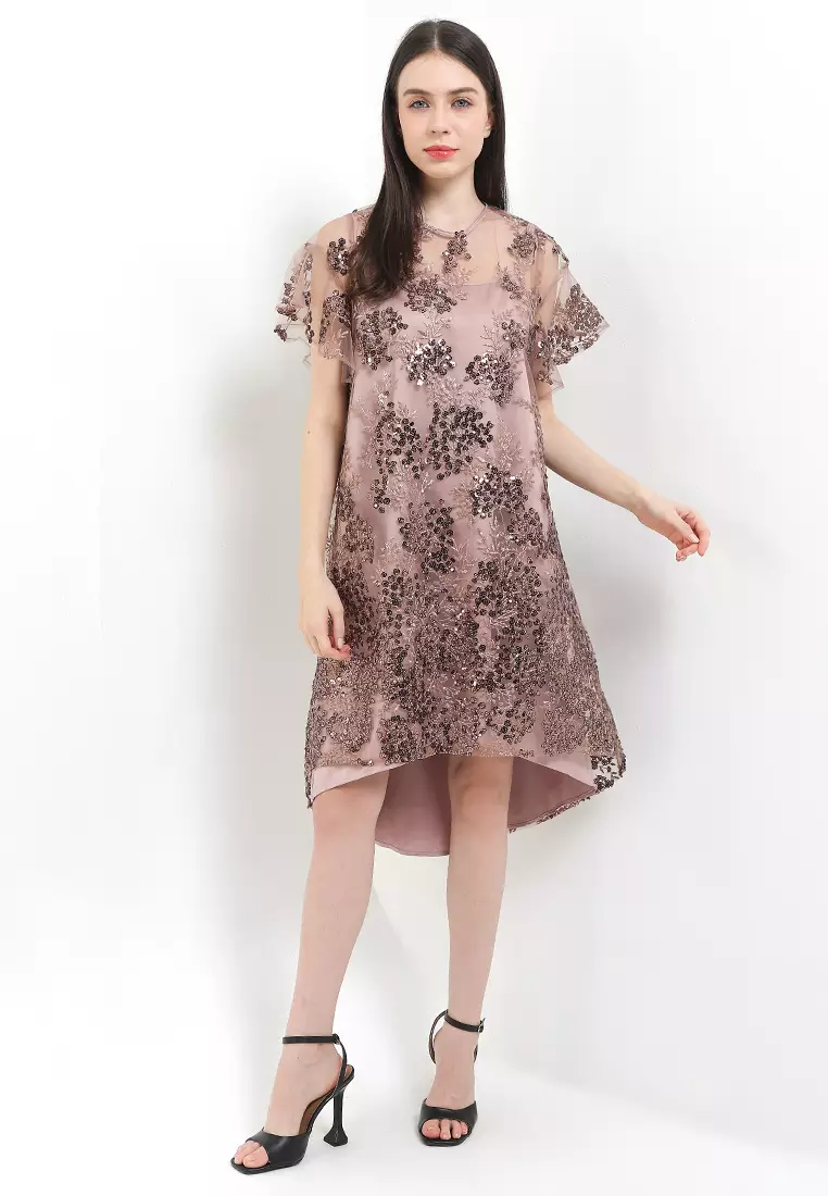 Seq Emb Ruffle Sleeves Dress