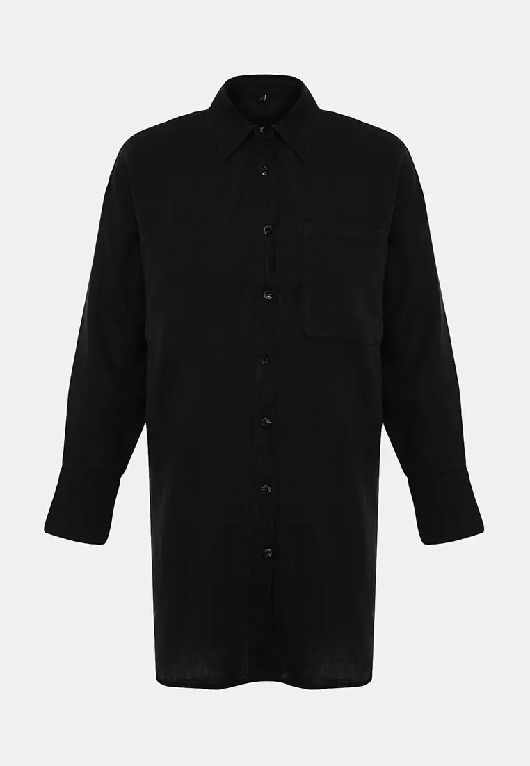 Black 1% Linen Pocket Detailed Oversized Shirt Twoss26Go39