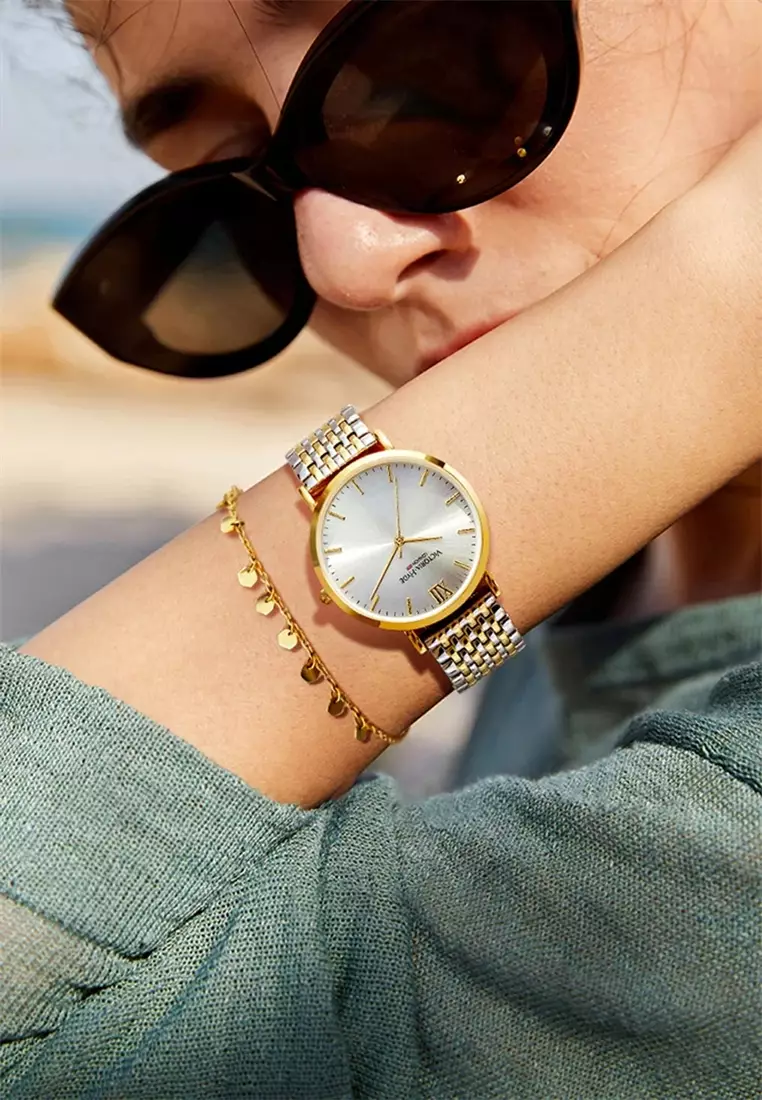 女士手表 經典雙色金銀不鏽鋼表鏈 金色 33mm圓形外殼-金色