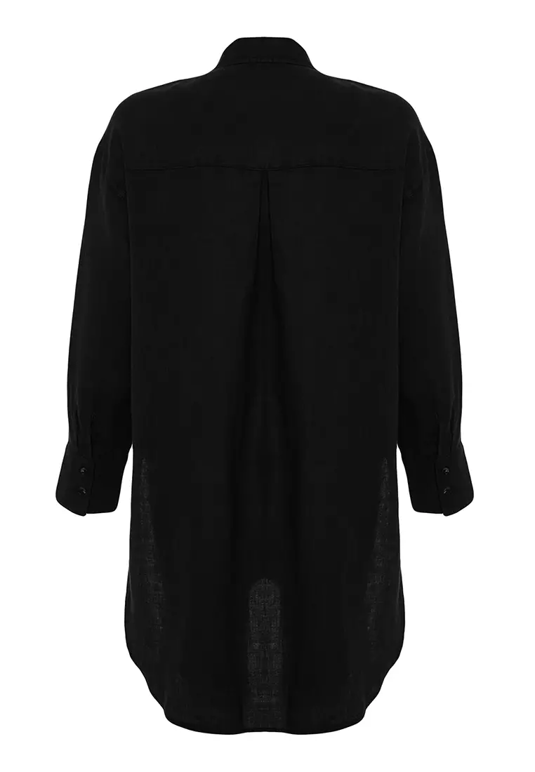 Black 1% Linen Pocket Detailed Oversized Shirt Twoss26Go39