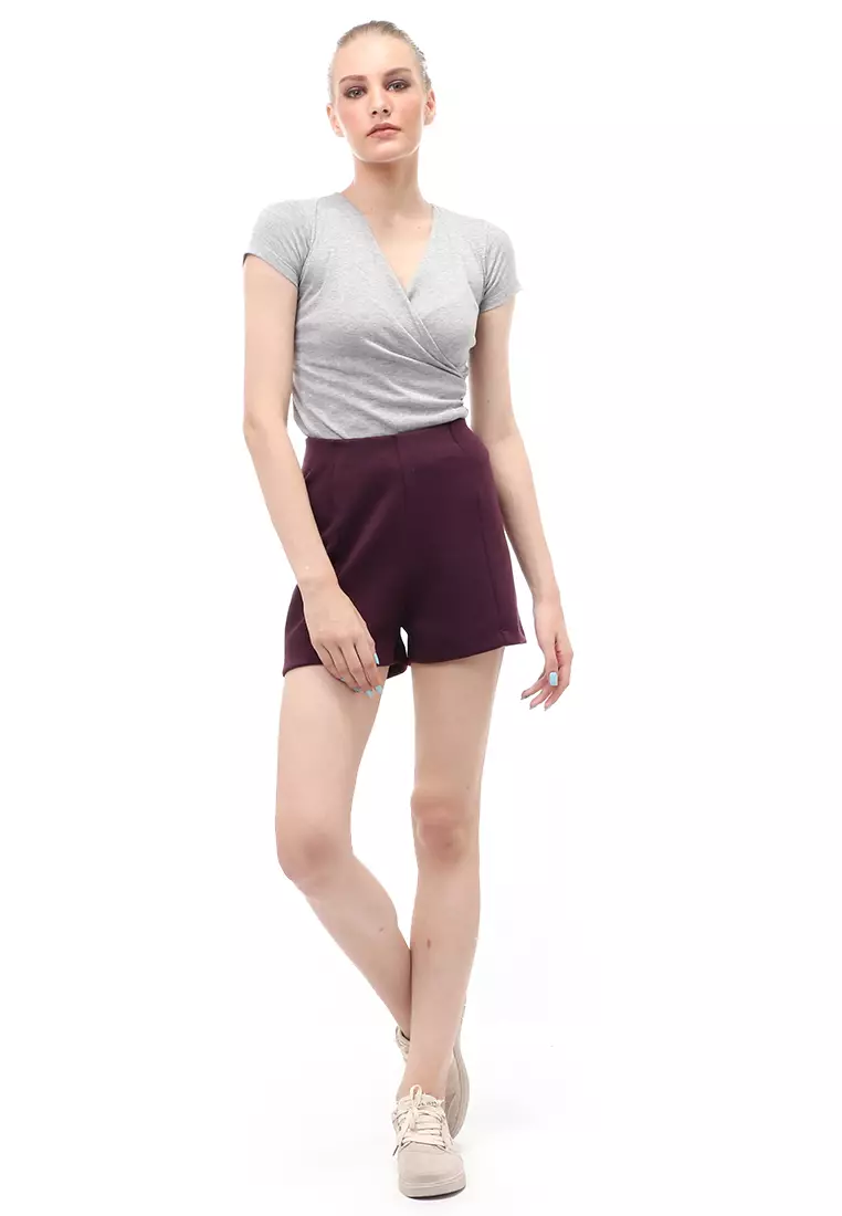 Short Pants Bawahan Wanita Motif Solid Design Casual Premium Quality - Plum