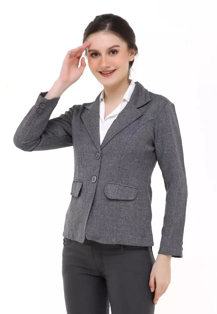 Qemsya Jas Blazer Wanita Two Pockets Two Button Formal Longsleeve Suit Material Polyester ORIGINAL - Gray