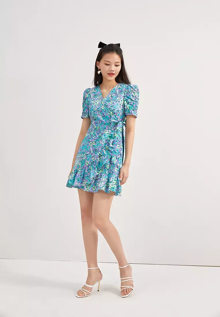 Overlap V-Neck Floral Mini Dress