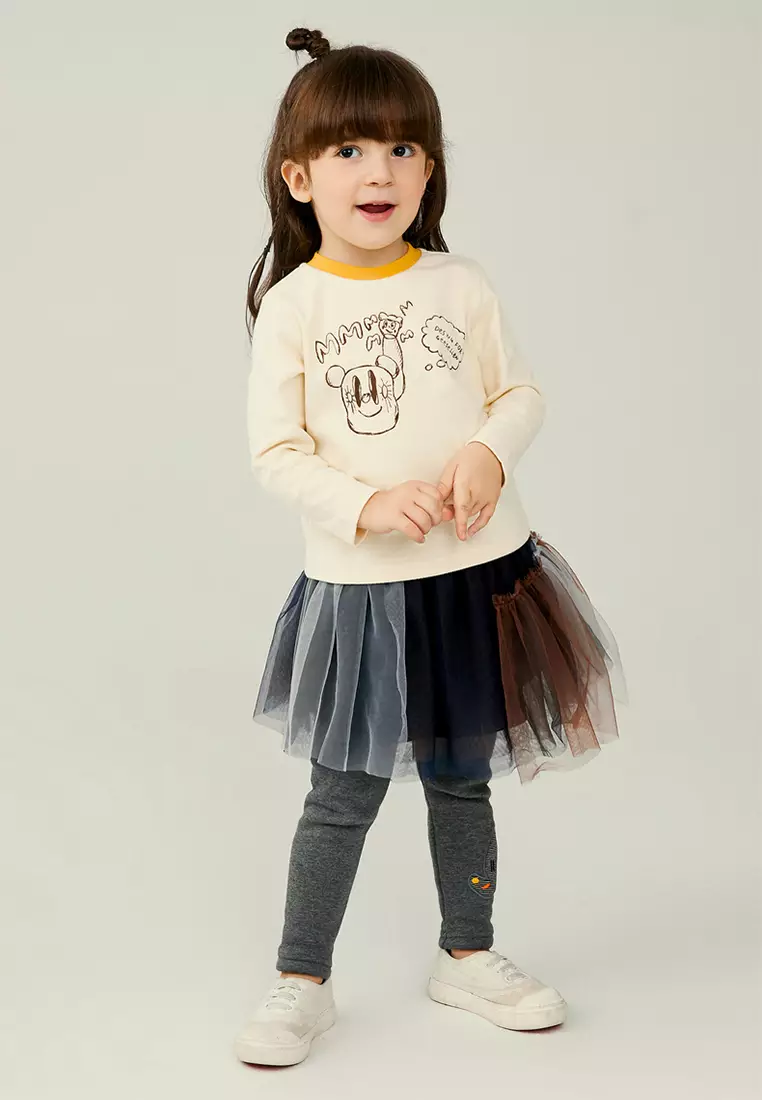 女小童长袖T恤撞色螺纹笔触感印花打底衫