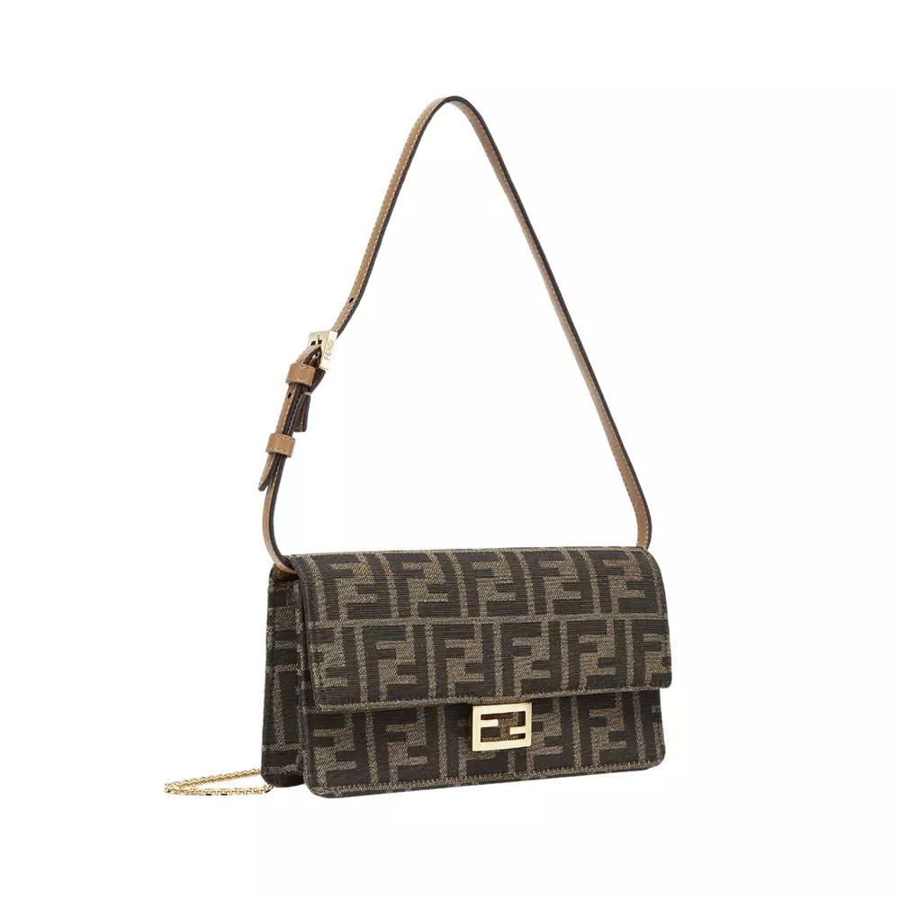 Baguette FF Clasp Fabric Wallet On Chain Brown