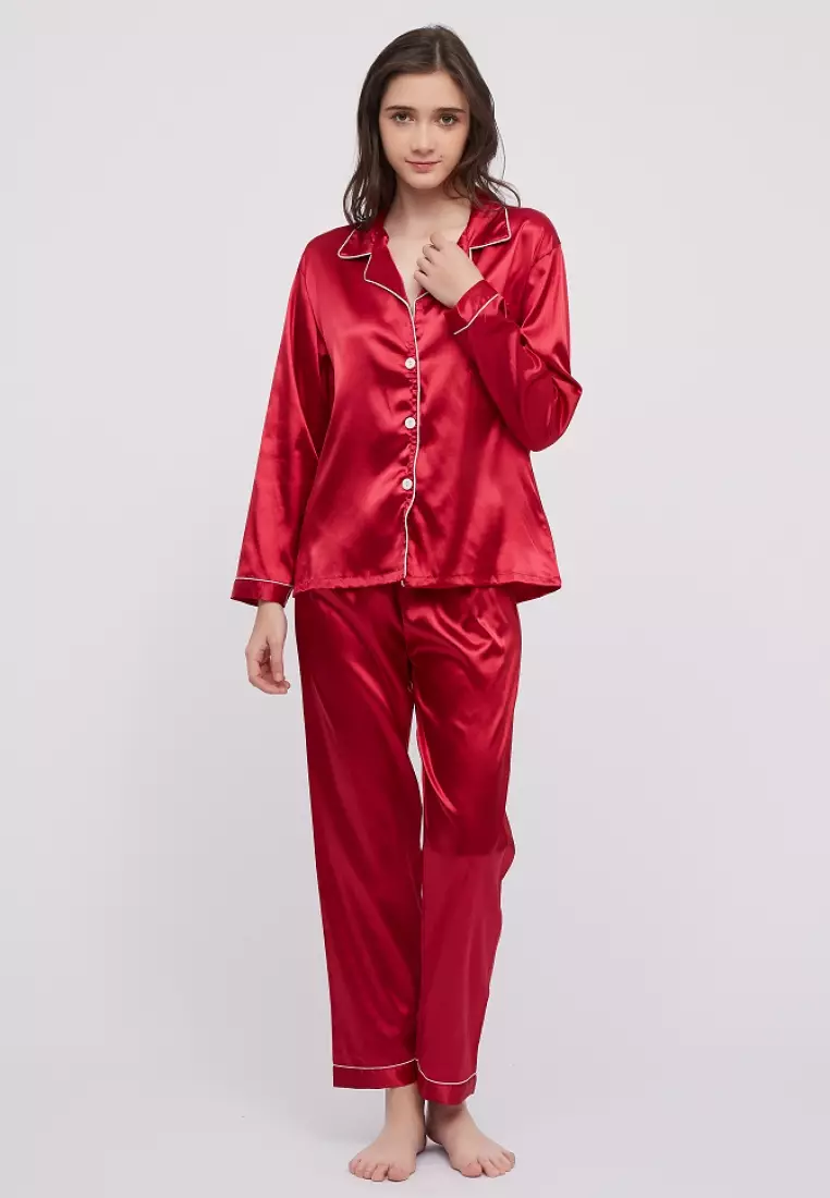 Buy Shapes and Curves Basic Long Sleeves Silk Pajama Set Lounge