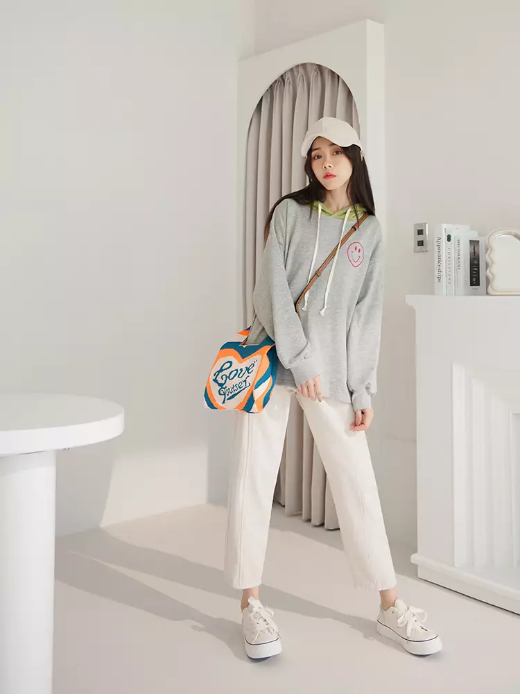 Cotton Smiley Face Embroidery Color Block Hooded Top AB18998