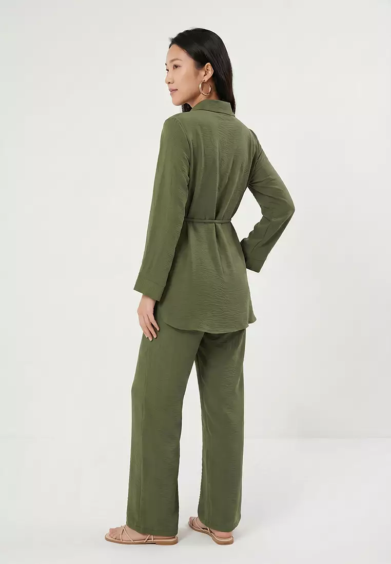 Khaki Waist Tie Detailed Aerobin Shirt-Pants Woven Bottom-Top Set TCTSS25US00034