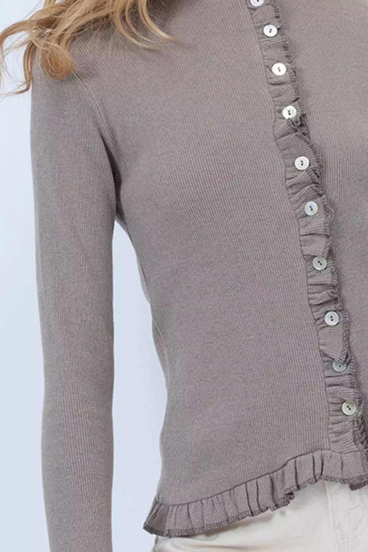 Women's Dark Beige Crew Neck Ruffle Detailed Buttoned Front Knitted Blouse Alc-X14533