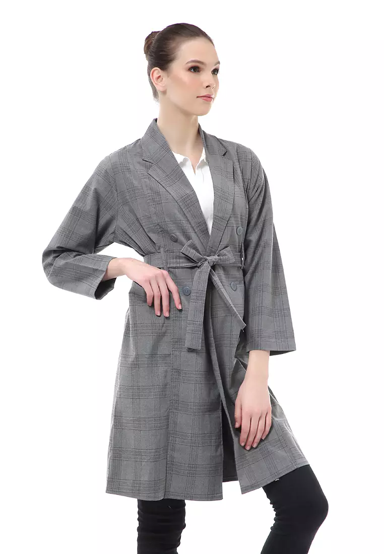 Myra Outerwear Wanita Blazer Tali Pinggang Lengan Panjang Material Semiwol ORIGINAL - Gray