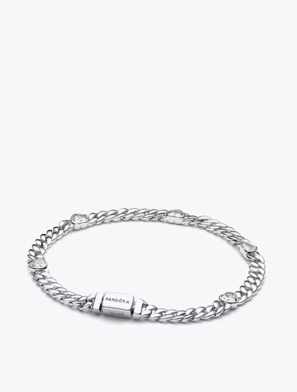 Heart Cuban Chain Sterling Silver Bracelet with Clear Cubic Zirconia - 16