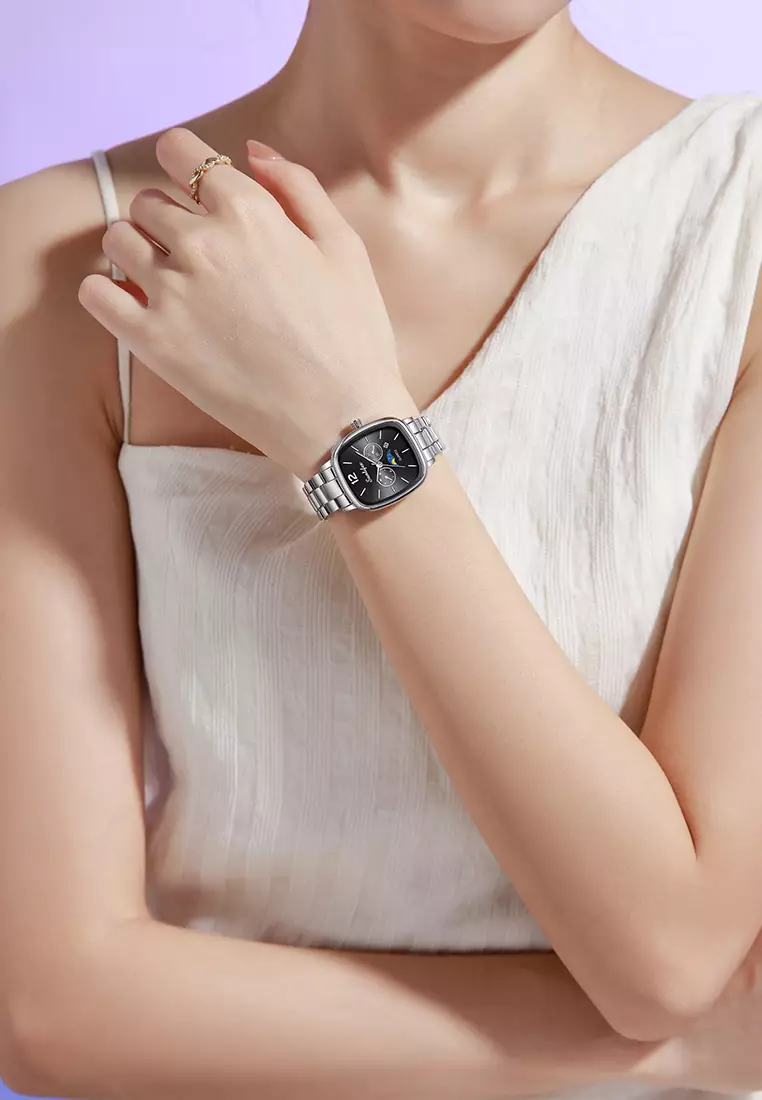 Jam Tangan Wanita Original Kalender Kasual Korean Style Tali Paduan Jam Tangan Cewek B006 silverblack