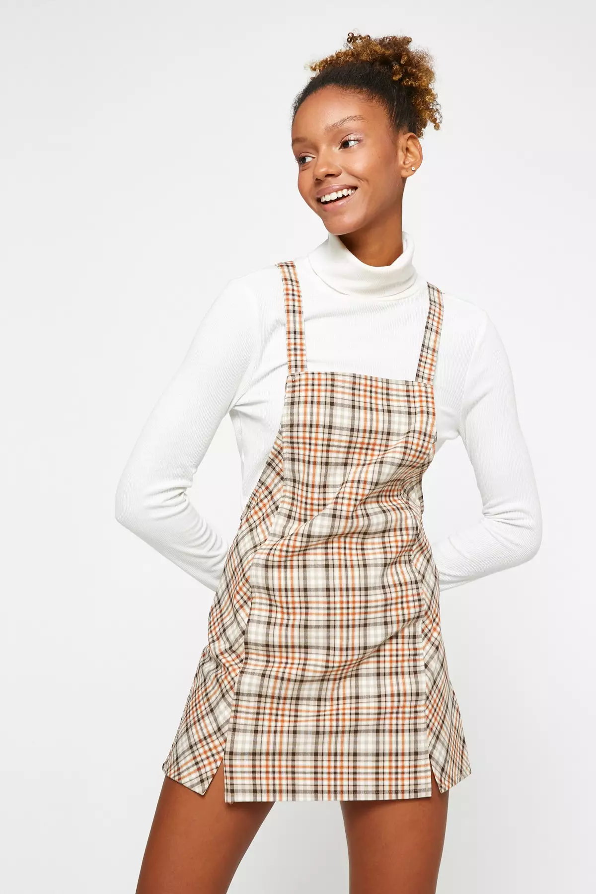 Beige check shop pinafore dress
