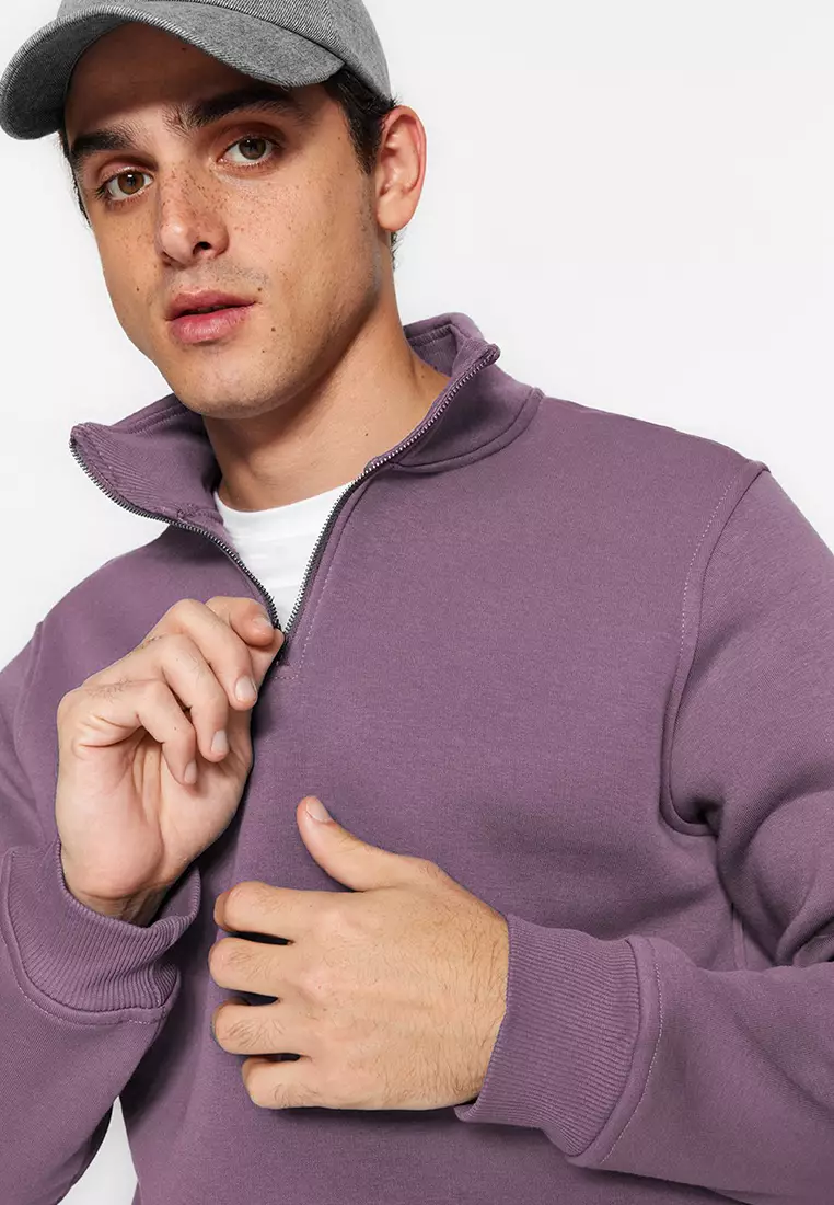 Purple Regular/Normal Cut Stand Collar Zippered Cotton Basic Polar Fleece Sweatshirt TMNAW24SW00041