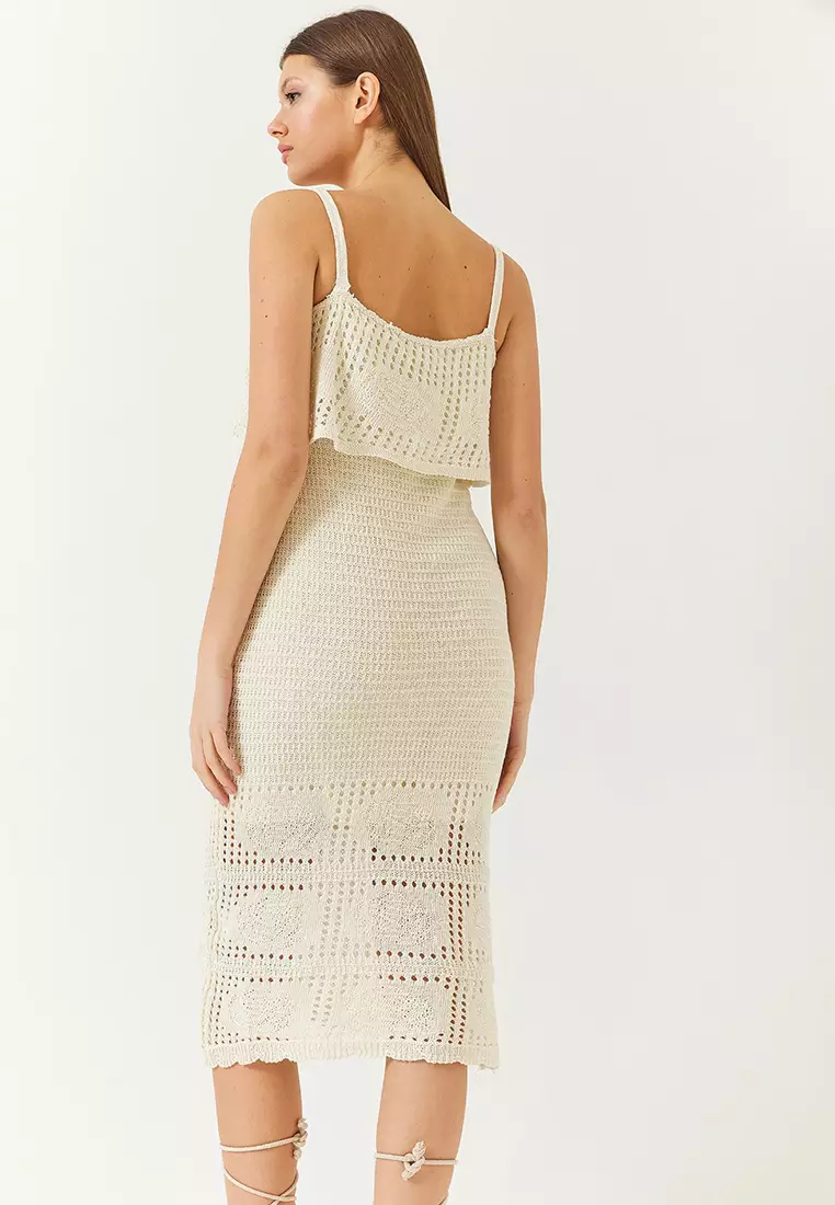 Women's Flower Detailed Strapless Openwork Layered Detail Knitted Dress 60261407