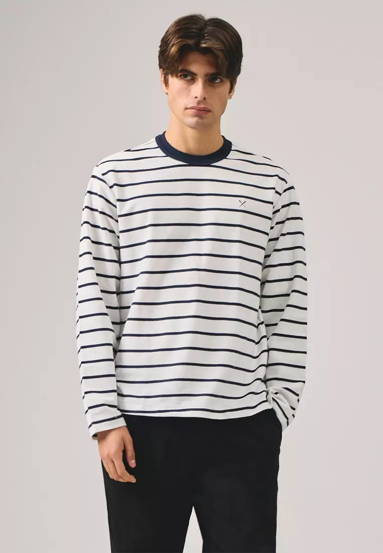 Regular Fit Long Sleeve Striped T-Shirt In Honeycomb Pique