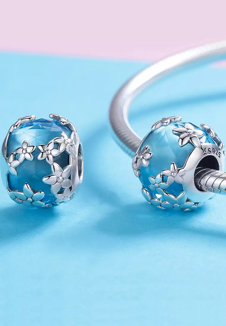 Solid 925 Sterling Silver Floral Garden Crystal Glass Charm