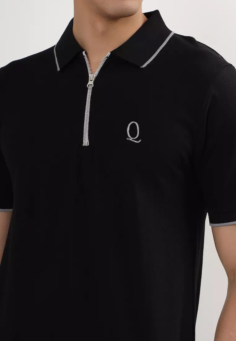 男士黑灰色翻领袖口棉质 Polo 衫/T 恤，拉链款，短袖，宽松版型