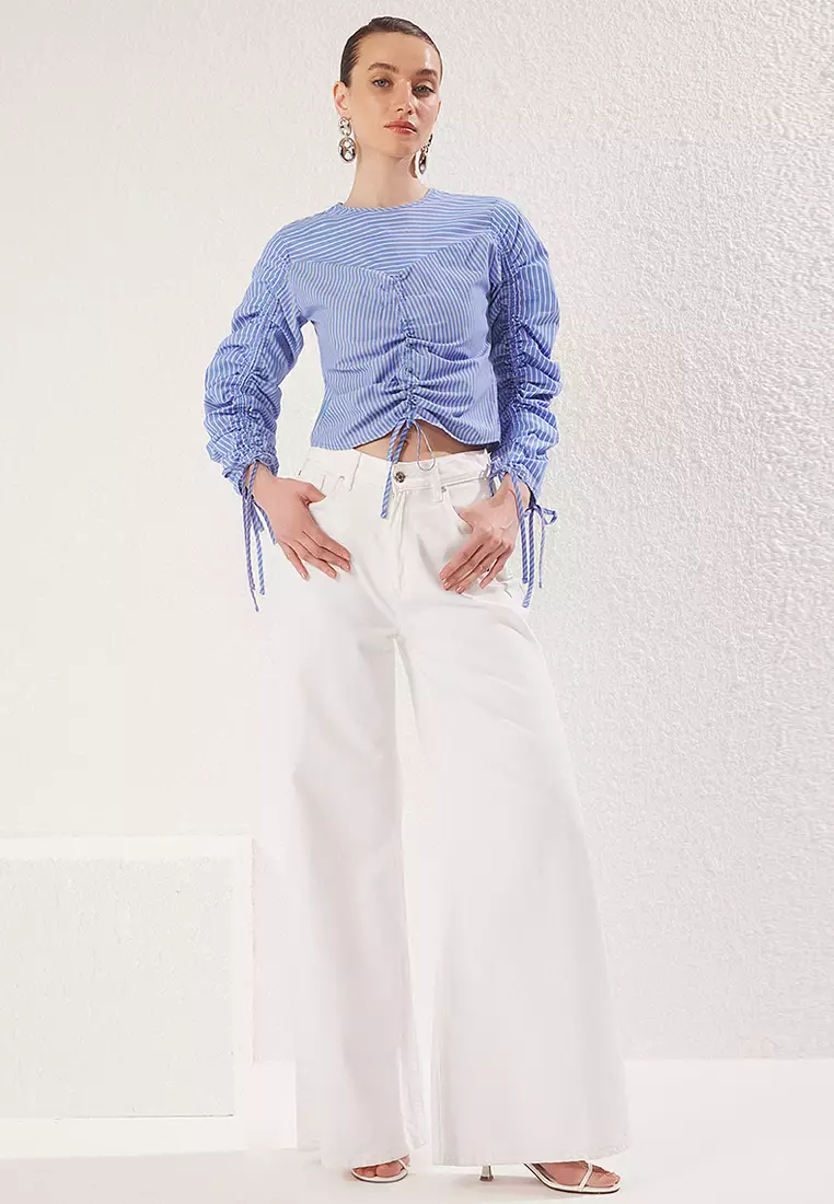 Blue Checkered Crew Neck Drawstring Detail Crop Woven Blouse