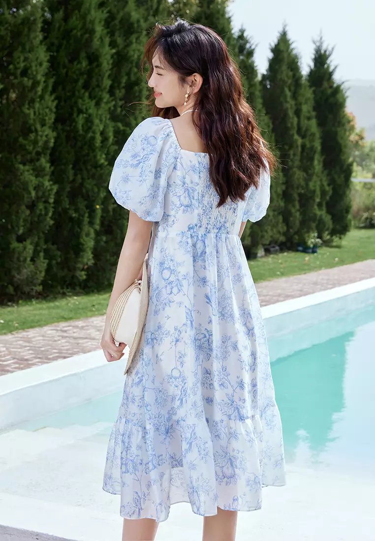 Square Neck Puff Sleeve Blue Floral Summer Dress