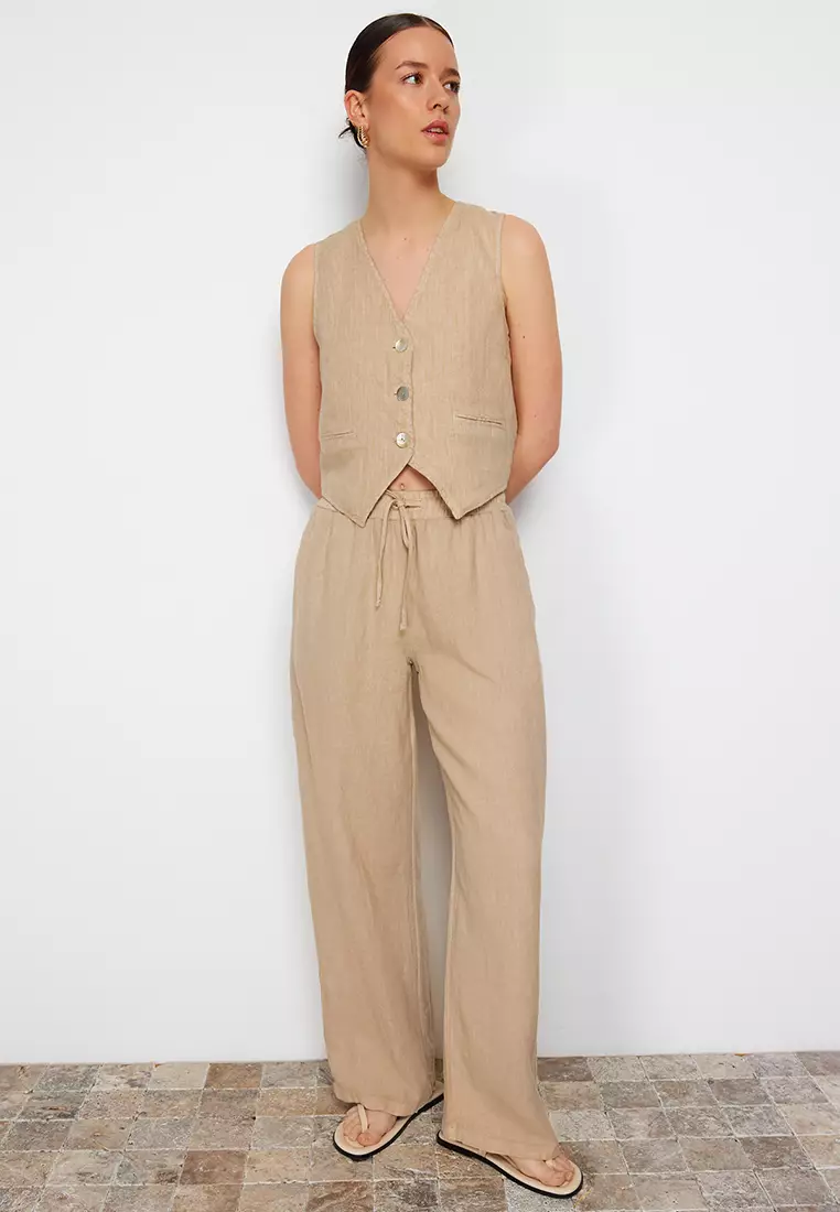 Elastic Waist High Waist Wide Leg Trousers