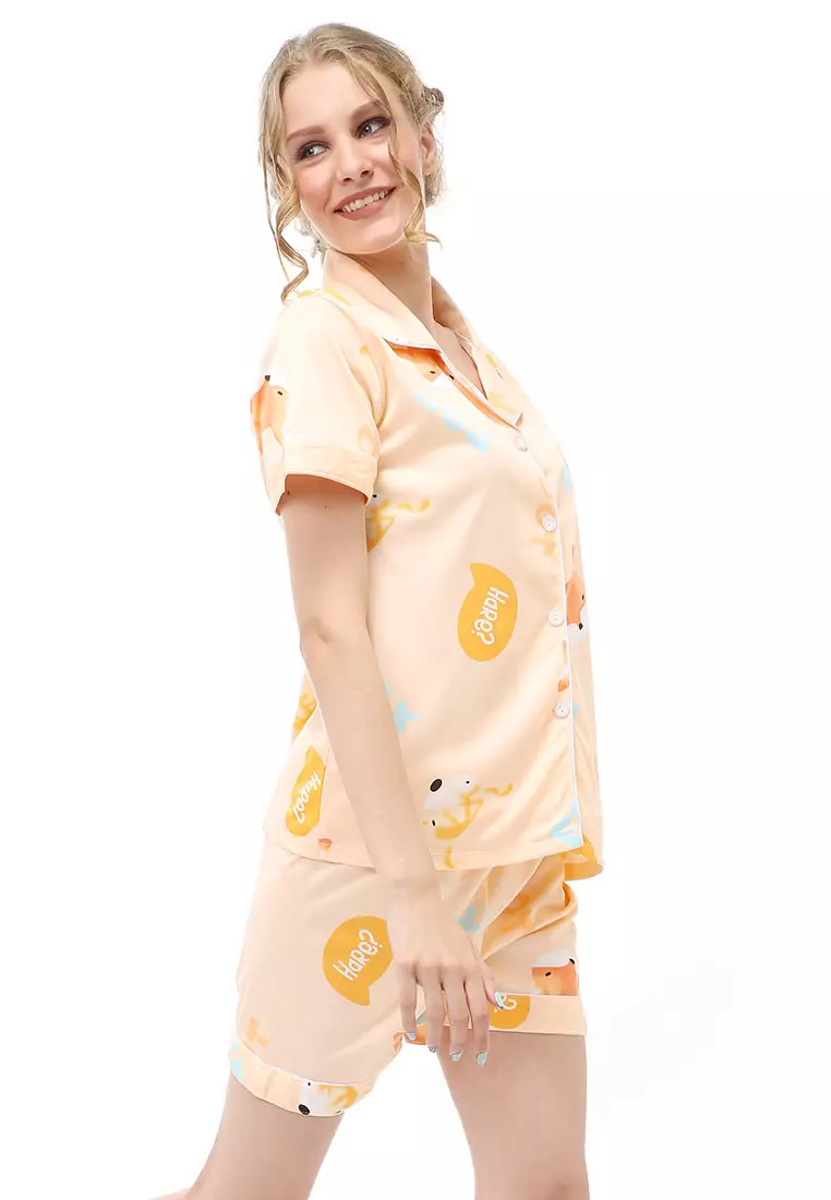 Vance Setelan Piyama Baju Tidur Wanita Celana Pendek Motif Fox Material Spandex ORIGINAL - Orange