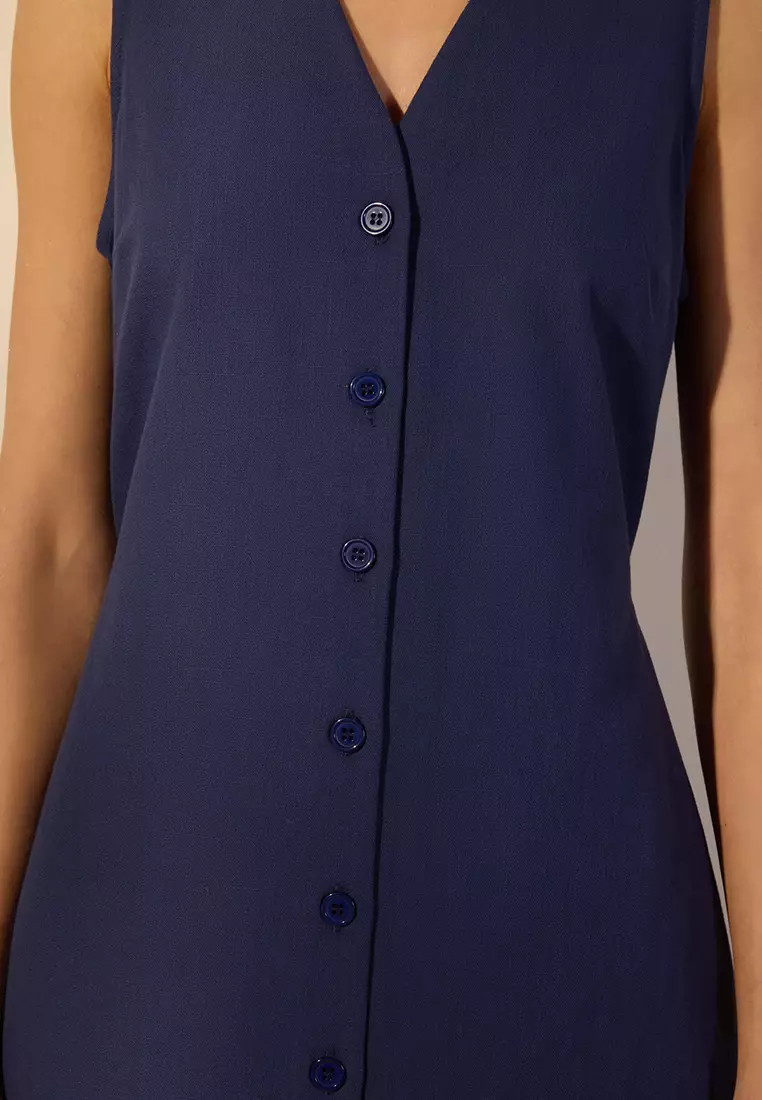 Navy Blue Belted Linen Blend Midi Woven Shirt Dress TWOSS25EL00651